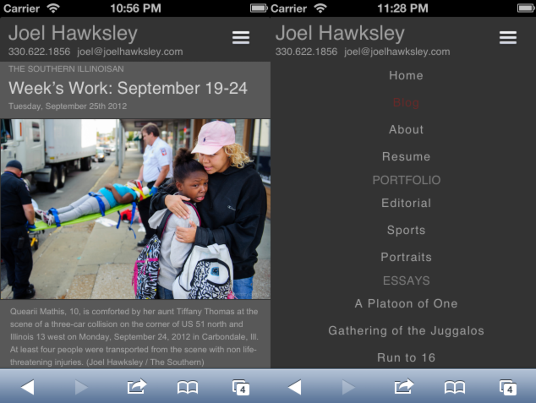 Screenshot of portfolio site in mobile mode