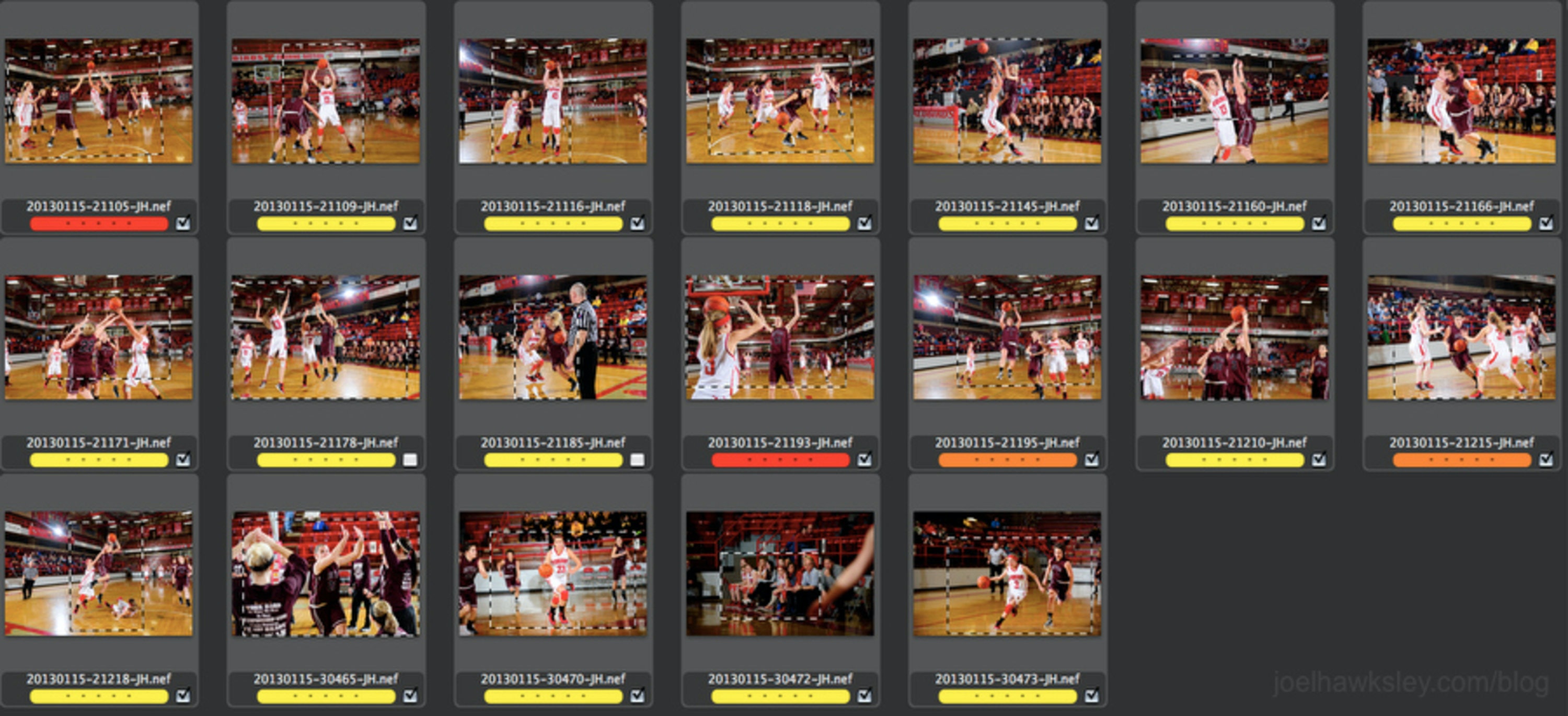 Contact sheet of images from a basketball game in Photo Mechanic software