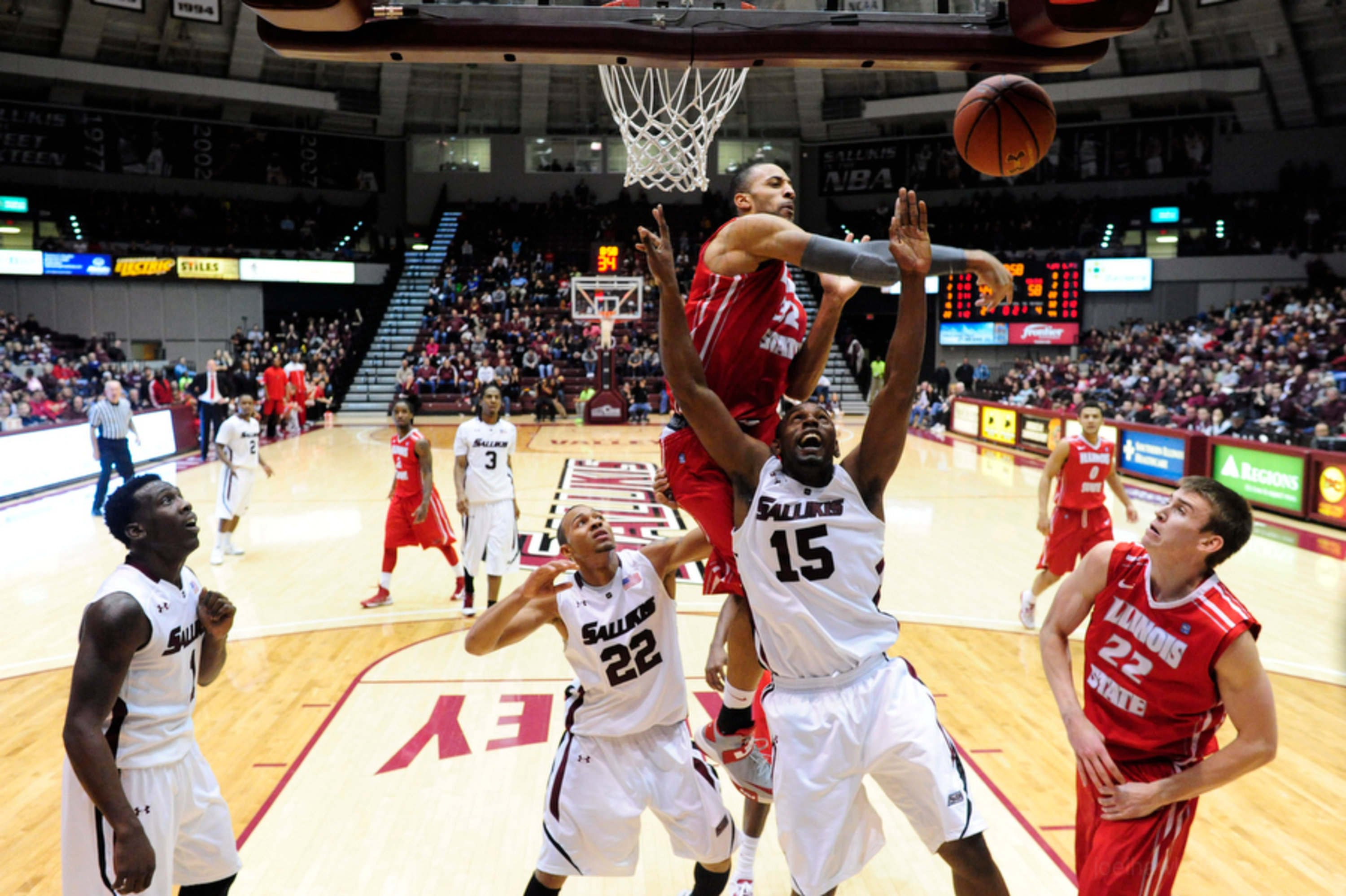 Action shot of blocked basketball shot taken with remote camera