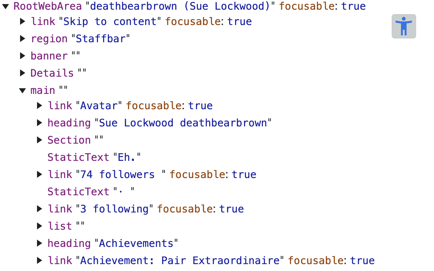Screenshot of chrome accessibility tree of a GitHub profile page