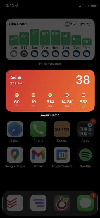 iOS widget showing low air quality numbers