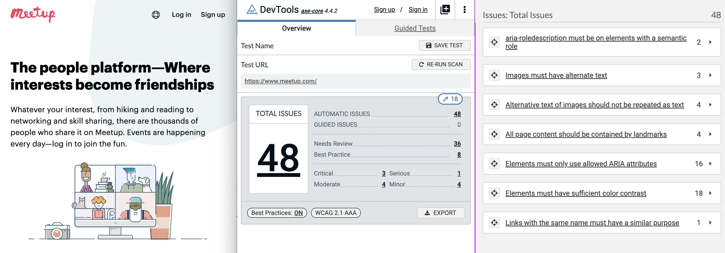 Screenshot of axe scanner running on meetup.com homepage with 48 errors