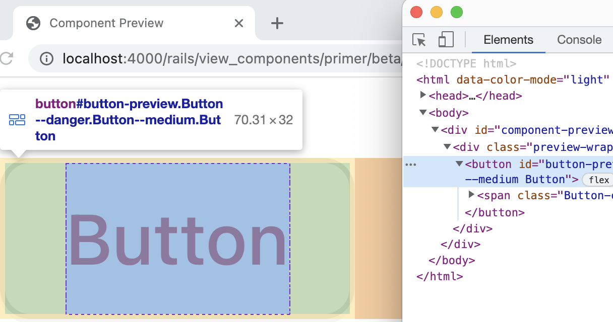 Screenshot of button component being inspected by chrome devtools