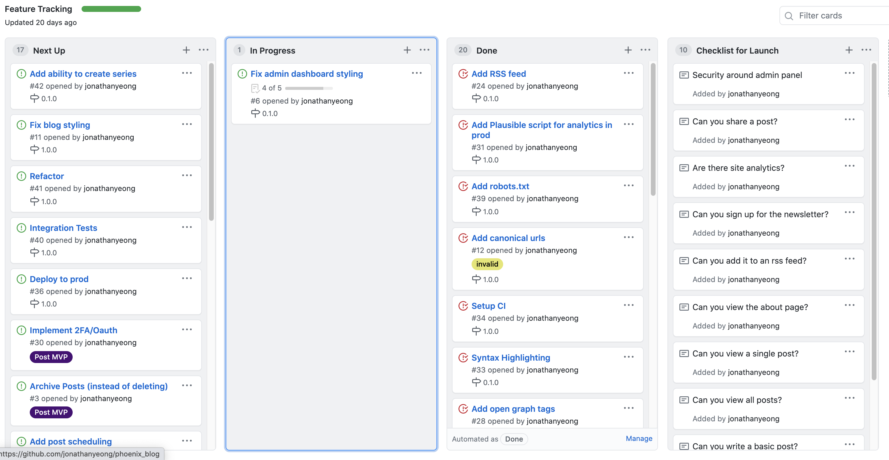 Screenshot of GitHub projects kanban board