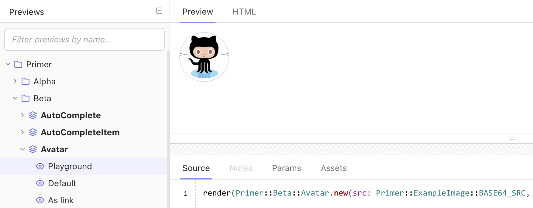 Screenshot of Primer avatar component in lookbook tool