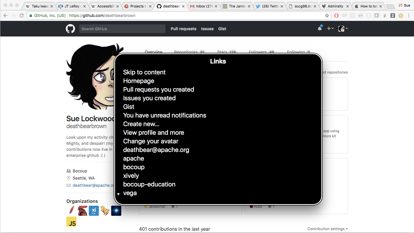 Screenshot of voiceover screen reader scanning a GitHub profile page