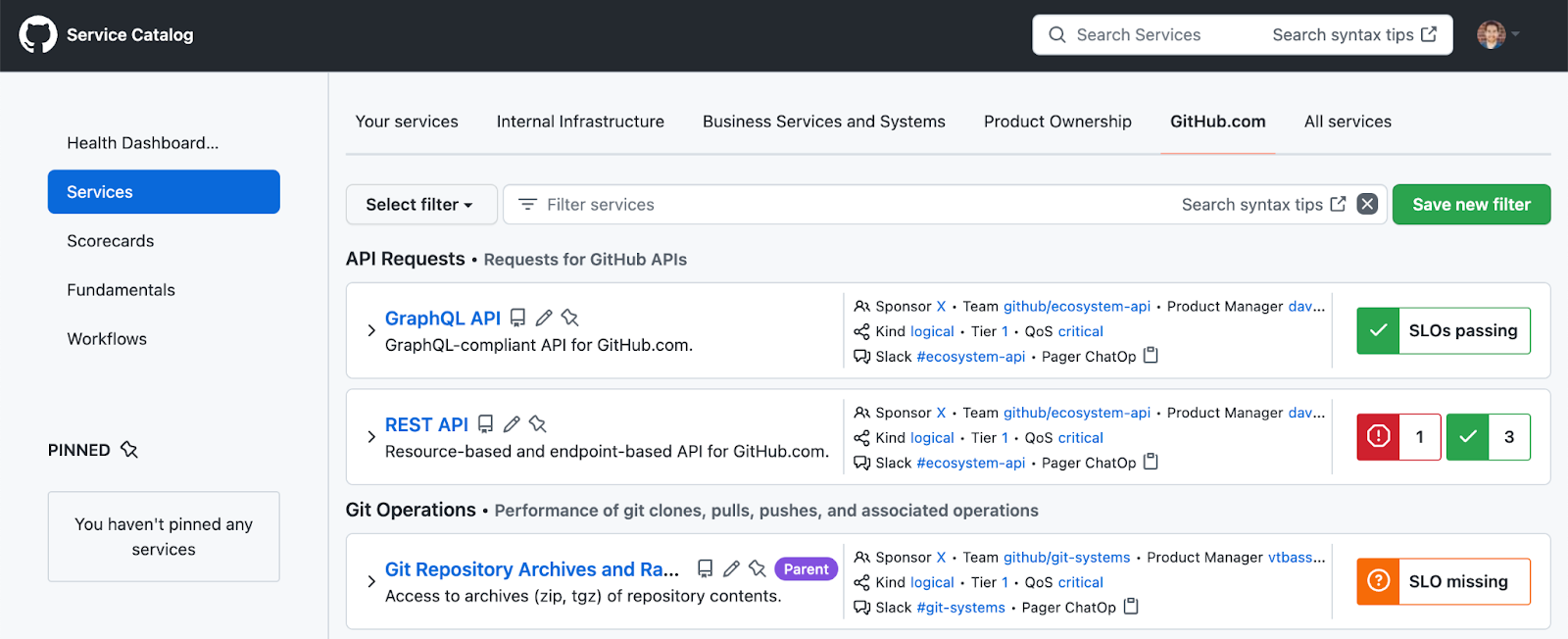 Screenshot of the GitHub service catalog, showing a list of three services with SLO ratings.
