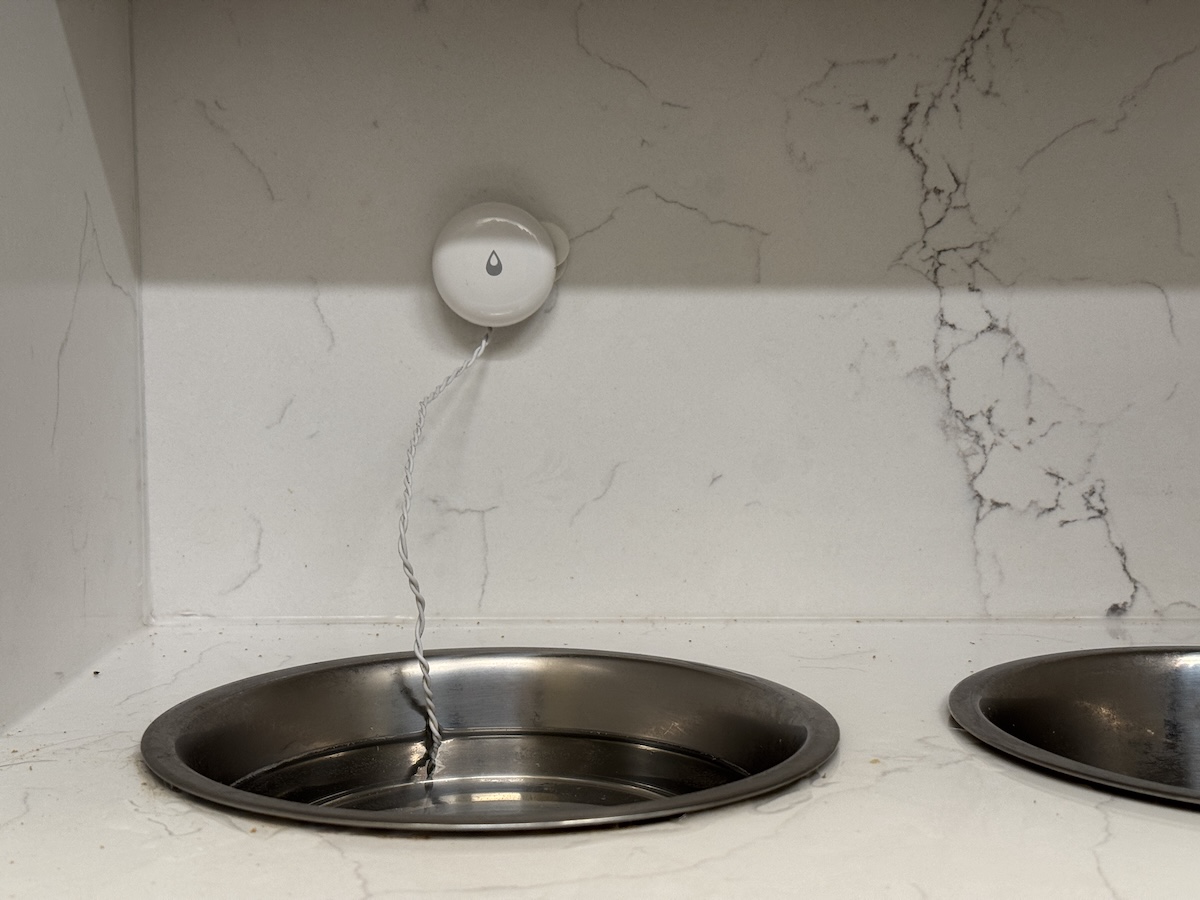Leak sensor installed above dog bowl