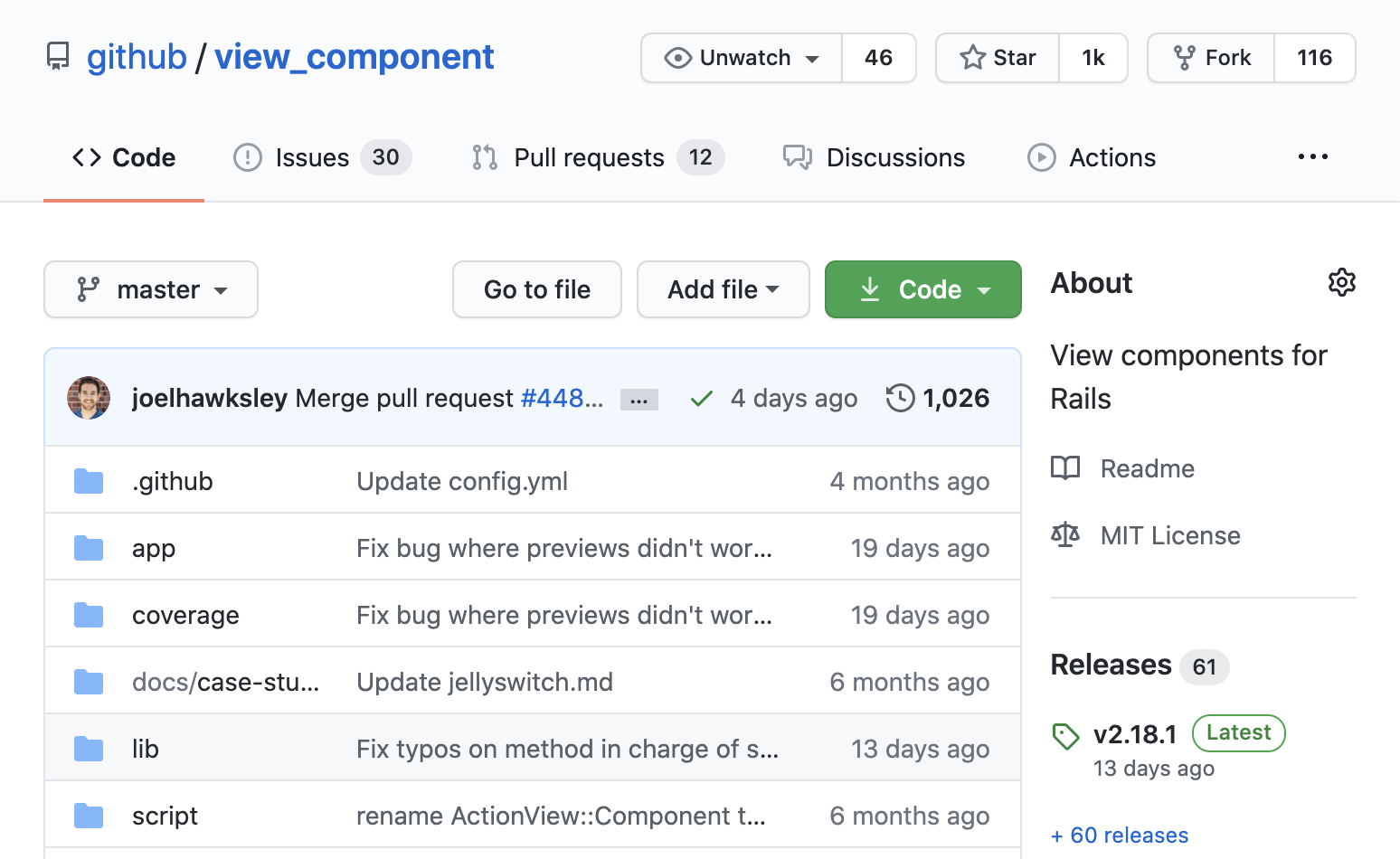 A screenshot of the GitHub.com repository page for the ViewComponent project